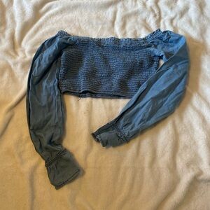 Blue Off-Shoulder Smocked Crop Top